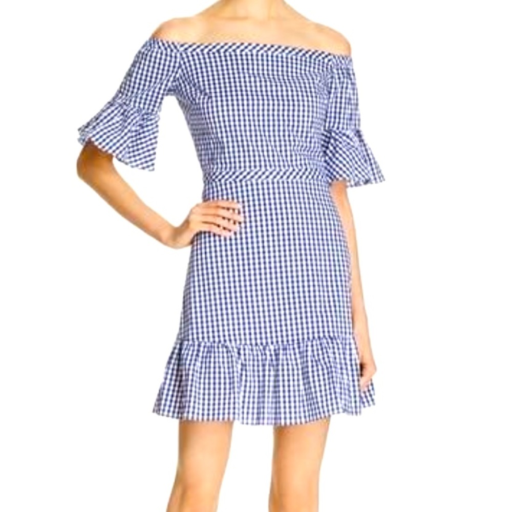 Lucy Paris Blue Gingham Off-Shoulder Mini Dress
